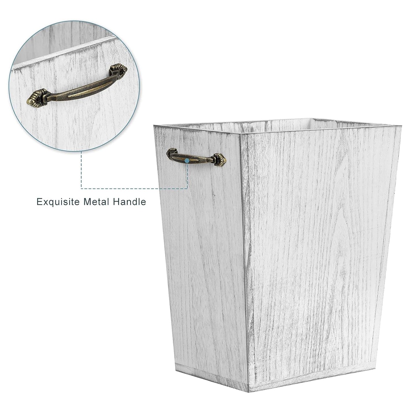 Wood Wastebasket Trash Can Rustic Farmhouse Square Garbage Container Bin with Decorative Metal Handle for Bedroom, Living Room, Bathroom & Office