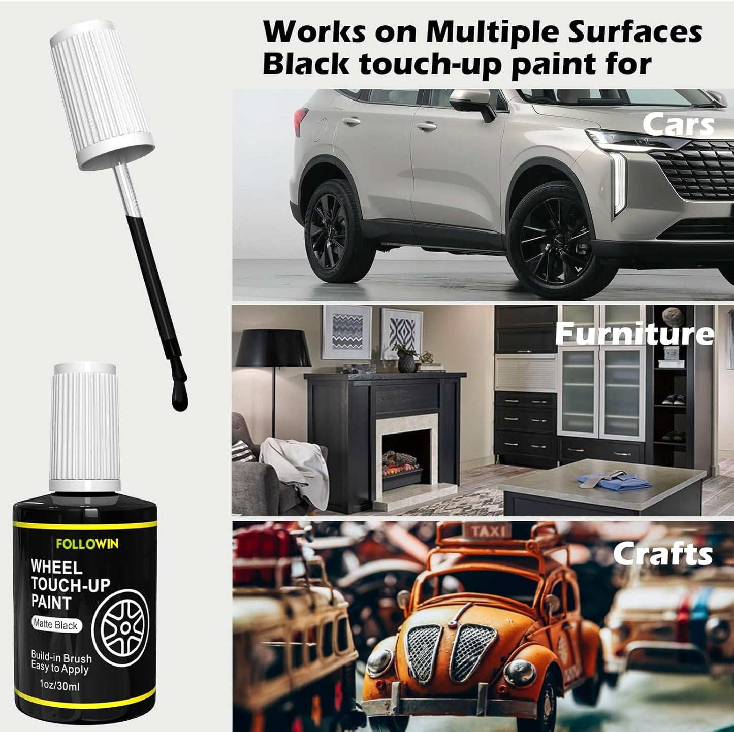 FOLLOWIN Matte Black Rim Touch Up Paint for Cars,Car Wheel Rim Paint Repair Kit,Automotive Rim Scratch Repair 1OZ/30ml
