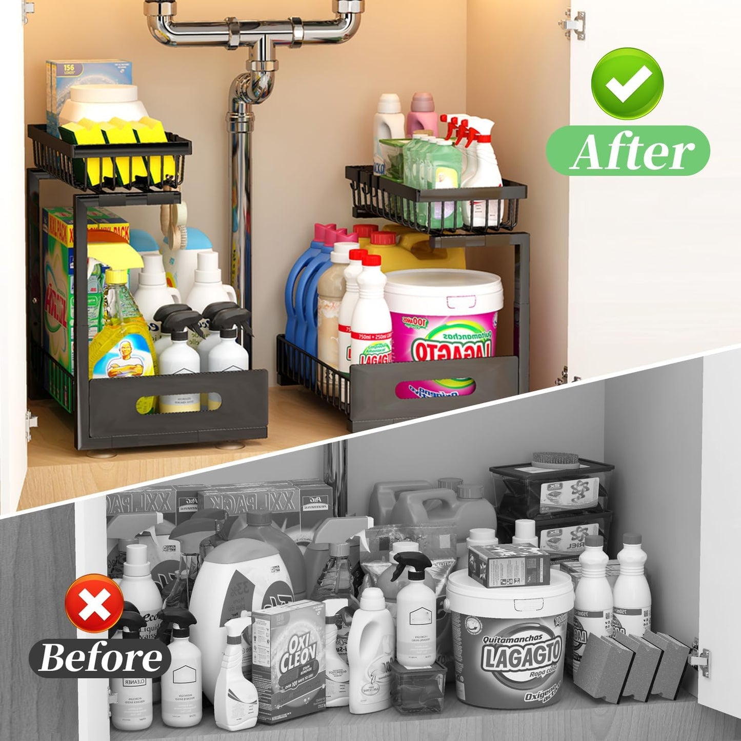 ADBIU Under Sink Organizer(10 Seconds Installation), 2 Packs 2 Tier Expandable Height (11" - 16") Under-Sink Organizers Slide out Pull out Bathroom Kitchen Organizers And Storage