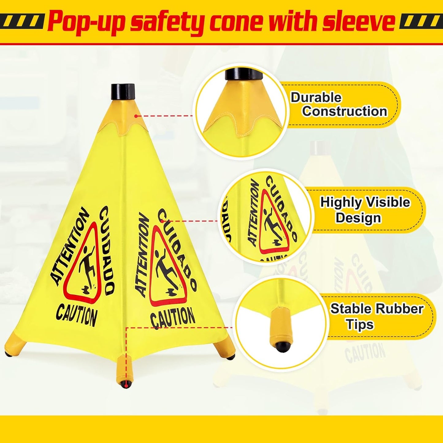 4 Pcs Pop up Wet Floor Sign with Storage Tube 20 Inch Wet Safety Signs Commercial Caution Safety Cone Pop up Caution Sign for Commercial Stores Grocery Restaurant Restroom Office Use
