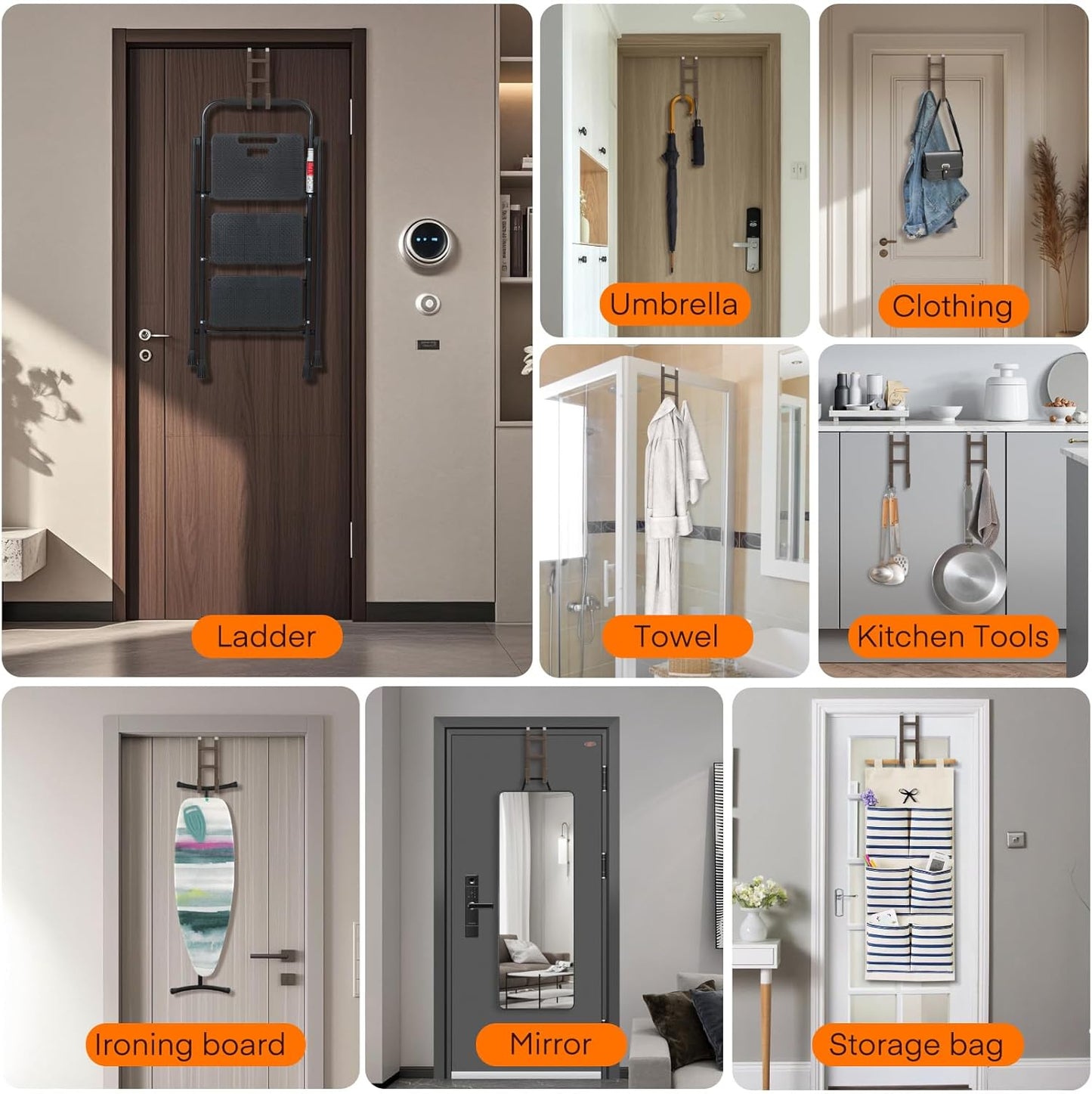 FYY Over The Door Hooks - 4 Pack Heavy Duty Dual-Hook Organizer Hanger with Non-Slip Rubber for Towels, Clothes, Hats & Bags Use in Bathroom, Bedroom, Kitchen - Fits Interior Doors Up to 1.6" Brown