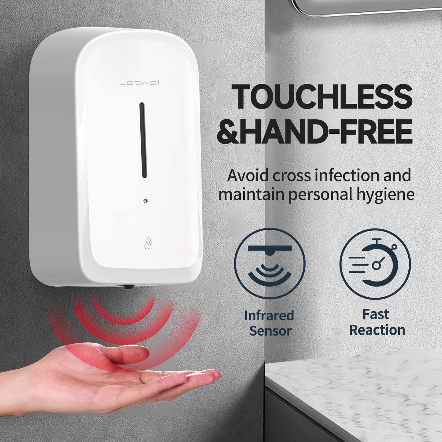 JETWELL Automatic Touch-Less Wall Mount Hand Soap Dispenser Liquid Drop Battery Operated, White Plastic Cover Large Capacity 34OZ/1000ML for Kitchen Home Commercial Bathroom