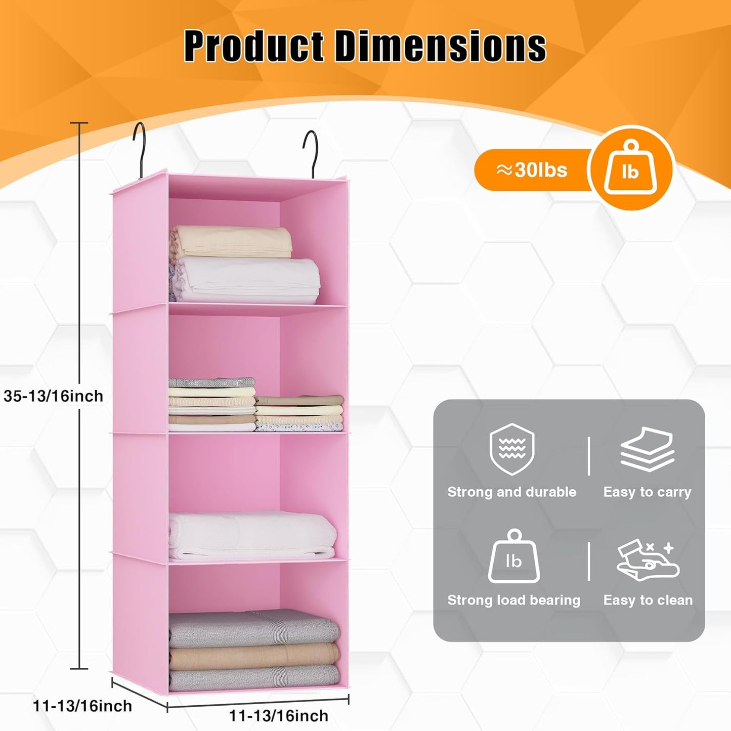 Hanging Closet Organizer, Easy Mount Foldable 4-Shelf Hanging Closet Wardrobe Storage Shelves, Clothes Handbag Shoes Accessories Storage, Washable Oxford Cloth Fabric, Pink