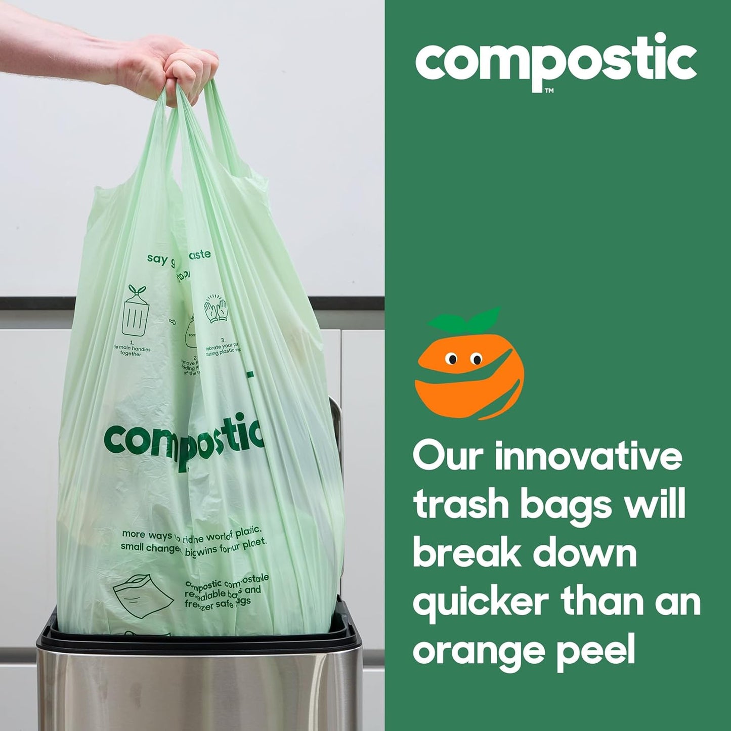 Compostic Home Compostable Trash Bags, 3 Gallon Small Kitchen Rubbish Bags (17” x 17.7”), Extra Strong & Quickly Breaks Down, 100 Count