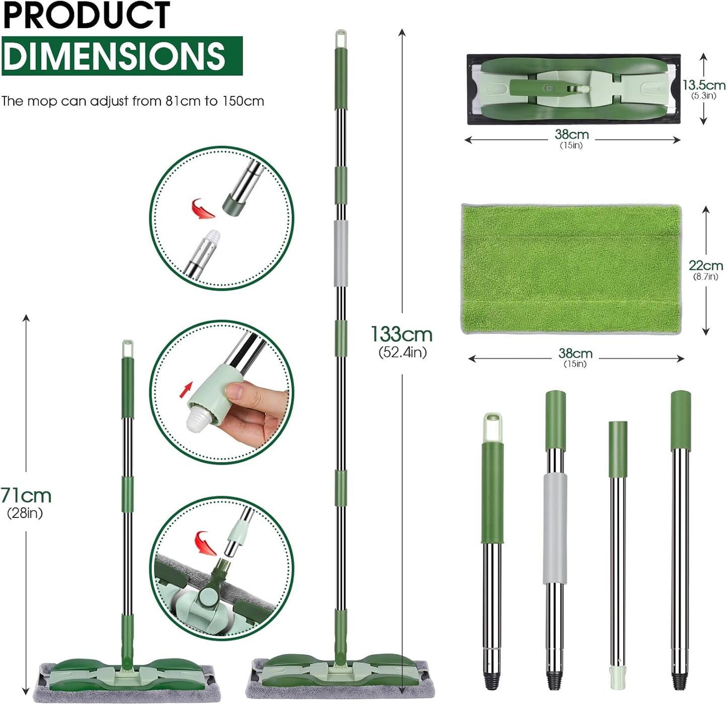 MASTERTOP Microfiber Mop - Flat Floor Mops Wet Dry Dust Mop with 4 Washable Pads & 52.4'' Stainless Steel Handle for Hardwood Laminate Tile Floor Cleaning