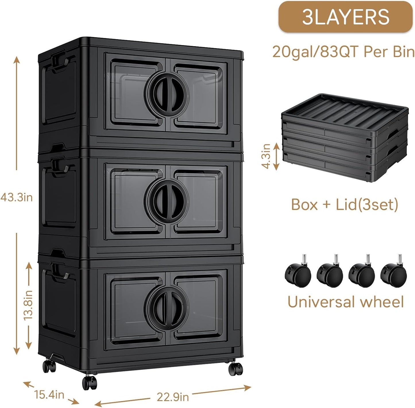 JEKO&JEKO 249Qt Lockable Stackable Storage Bins with Lids, Collapsible Closet Organizer with Wheels, Plastic Cabinet Drawer for Clothes, Dorm Room 3 Pack (Black)