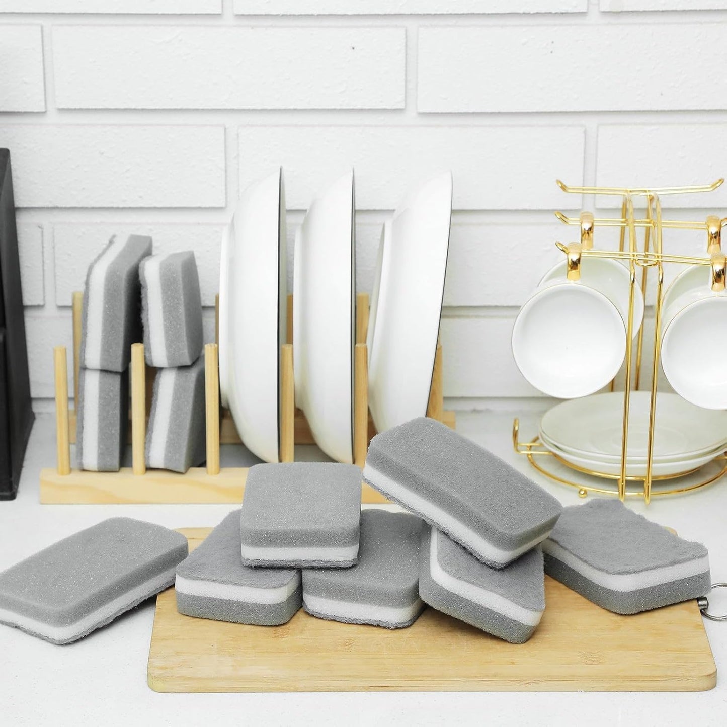 Tanlade 240 Pcs Individually Wrapped Sponge Dishwashing Sponge Bulk Non Scratch Scrub Sponges Kitchen Scouring Pad for Household Cleaning Rental Dishes Hotel Apartment Car (Gray,White)