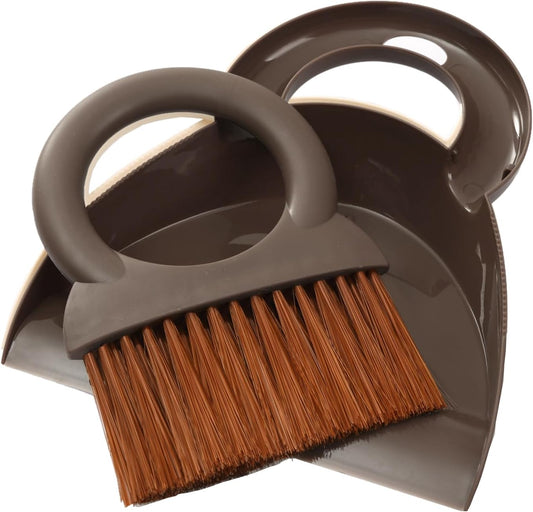 Round Handle Brush and Dustpan Set Small Broom & Dustpan Portable Handheld Sweeper for Desktop Sofa Floor Pet Nest (Coffee)