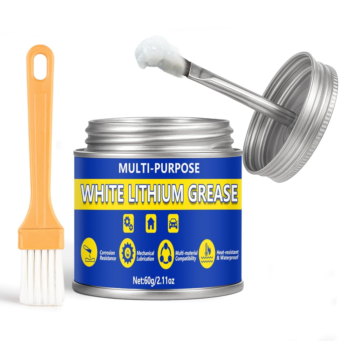 AstraVox Multi-Purpose White Lithium Grease, 60ml Automotive Grease with Brush for Hinges, Wheel Bearings, Gears, and Garage Doors, Bike, Lithium Lubricant Ideal for Household Use, Marine, Industrial