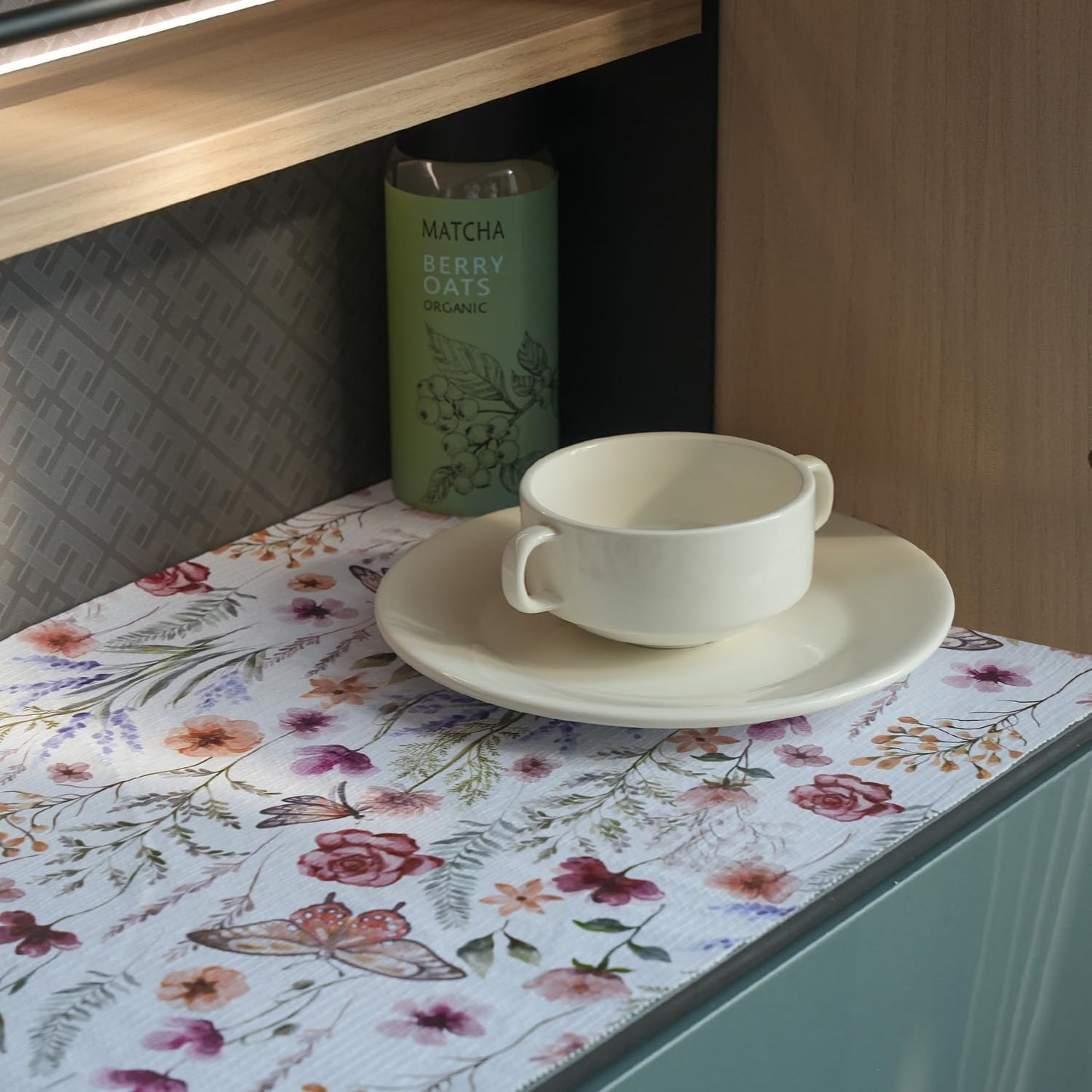 Floral Drawer and Shelf Liner for Kitchen Cabinets,16IN x 20FT Non-Adhesive and Strong Non-Slip Cabinet Drawer Liners for Kitchen Shelf, Waterproof Cupboard Liners,Easy to Clean