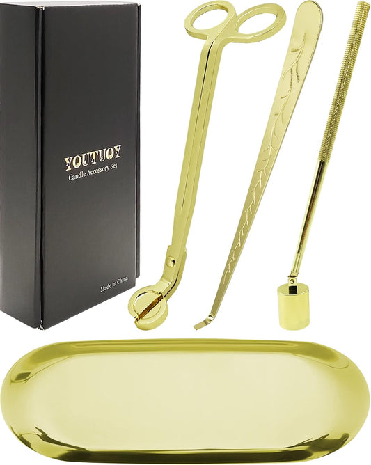 4 in1 Candle Accessory Set with Storage Tray Plate, Candle Wick Trimmer, Candle Wick Snuffer, Candle Wick Dipper, Great for Scented Candles Lovers (Gold)