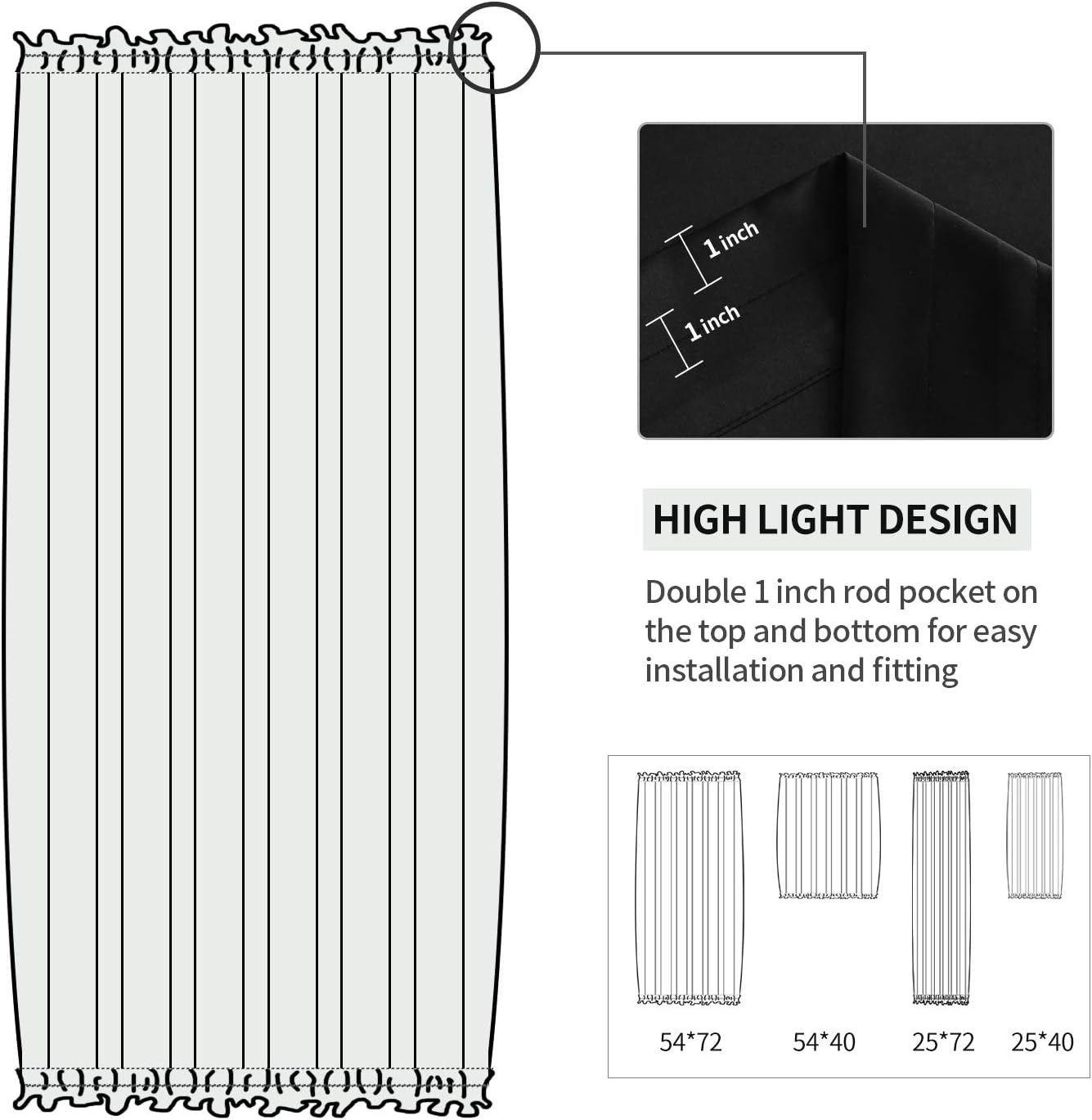 DWCN French Door Curtains – Rod Pocket Thermal Blackout Curtain for Doors with Glass Window, Kitchen and Patio Doors for Privacy, 54 X 72 Inches Long, 1 Curtain Panel with Tieback, Black