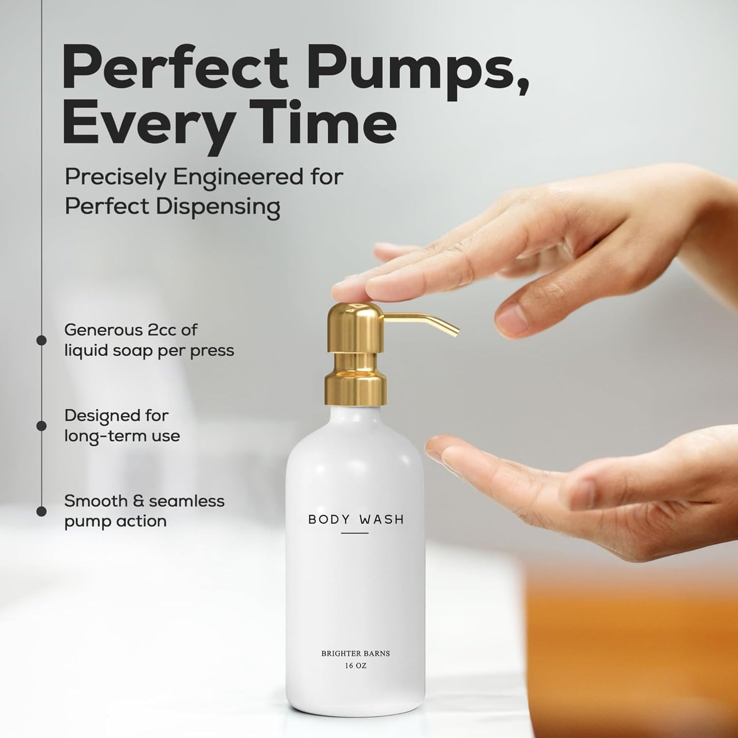 Luxury Shampoo and Conditioner Dispenser Set by Brighter Barns - Shower Soap Dispenser - Shampoo Conditioner Body Wash Dispenser & Pump - White and Gold Bathroom Accessories in Spa, Hotel, Gift (Gold)