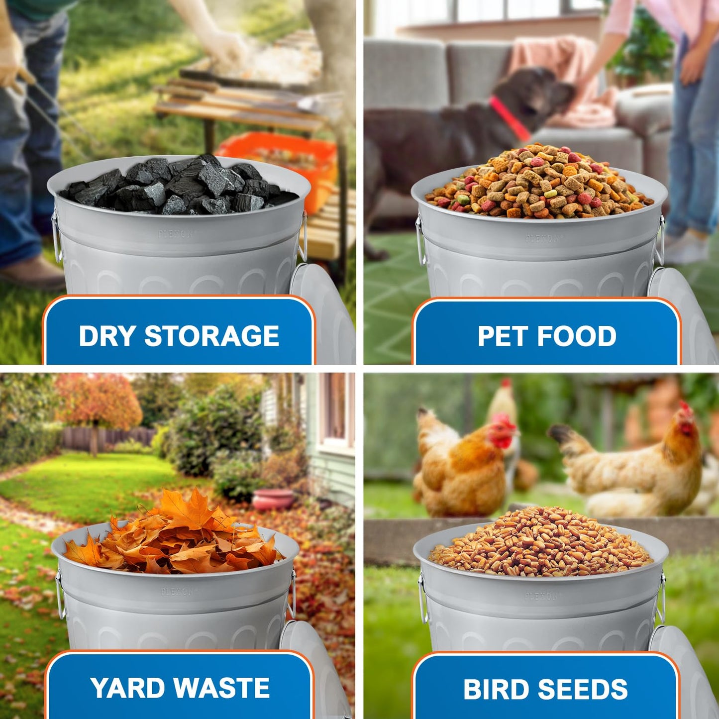 Plexon Round Trash Can 13 Gallon, Vintage Metal Outdoor Trash Can with Lid, Retro Farmhouse Garbage Container, Old School Modern Ash Bucket, Gray