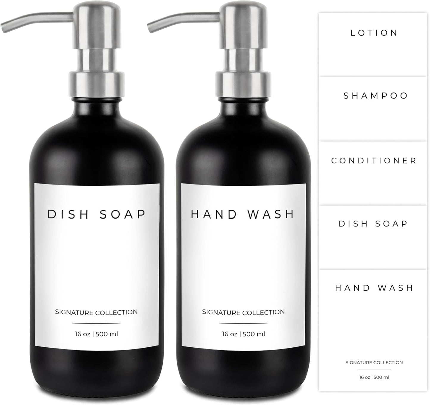 Emerson Glass Soap Dispenser Set - Kitchen & Bathroom, 2 Pack with Pump and Labels - 16 Oz