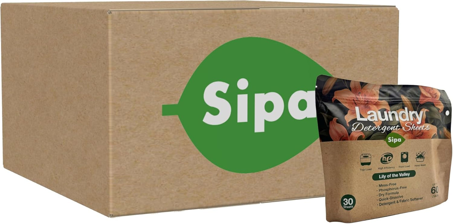 SIPA Laundry Detergent Sheets Bag - 30 Sheets, Up to 60 Loads, Lily of the Valley Scent, Phosphorus-Free, High Efficiency, (30 Count (Pack of 40))