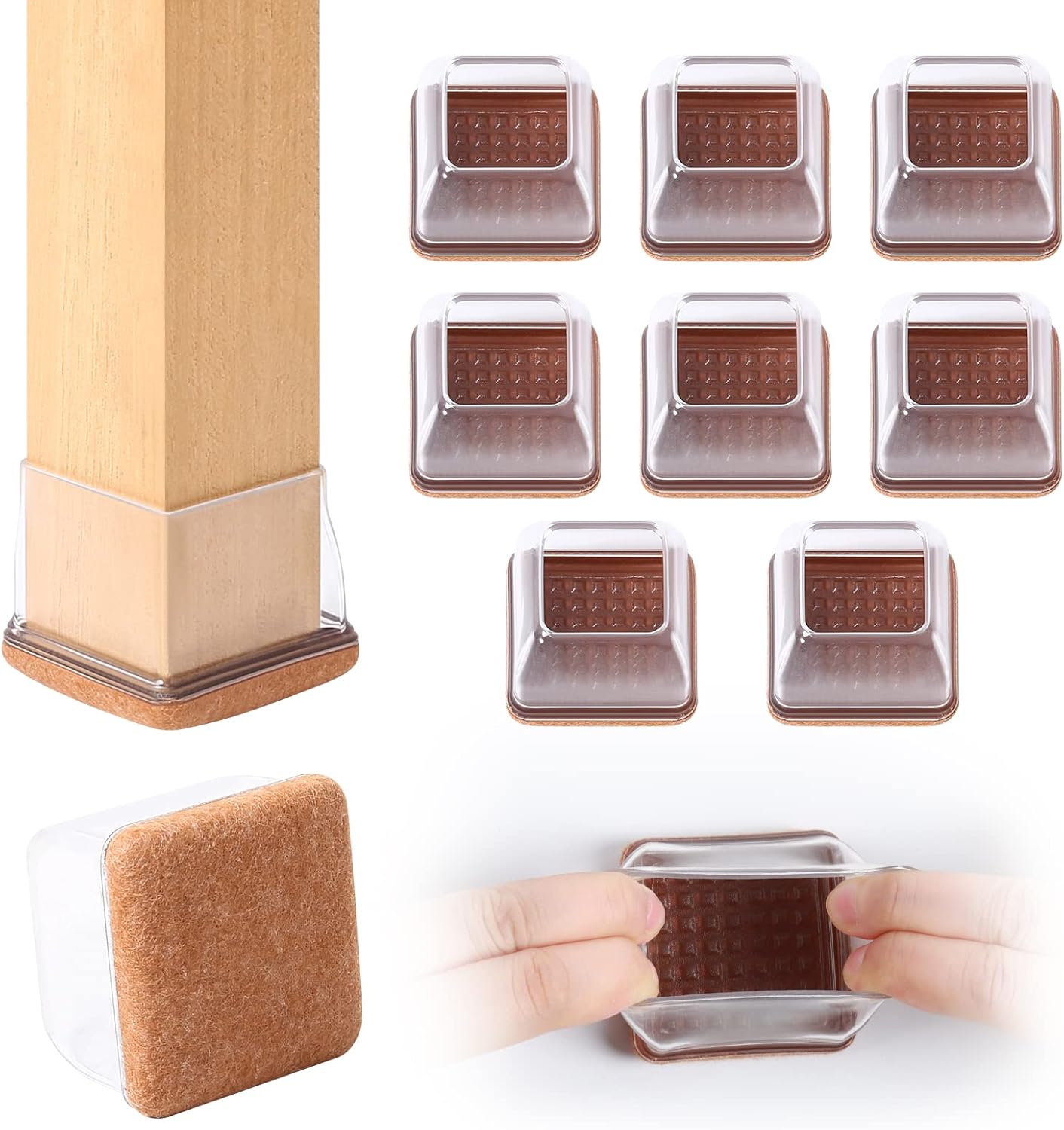 Ezprotekt 8 Pcs Extra Large Square Chair Leg Floor Protectors, Silicone Felt Furniture Pads for Hardwood Floor, Dining Table Bar Stool Leg Protectors Leg Cups Covers (XL Fit: 1.5" - 2", Clear)