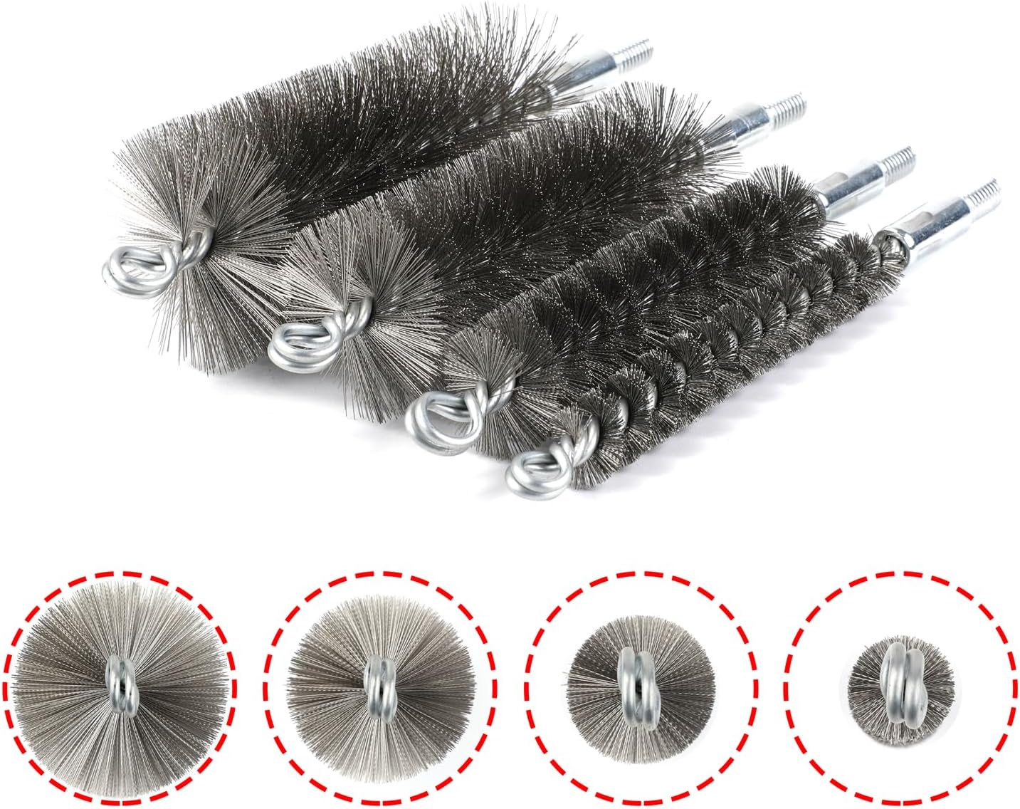 50 in Pipe Cleaning Brush Set with Stainless Steel Bristles, Wire Brush with 4pcs Galvanized Rod, Stainless Steel Pipe Brush 4pcs for Auto Parts, Bottles, Tubes. (3/5, 1, 1 3/5, 2 in Brush Heads)