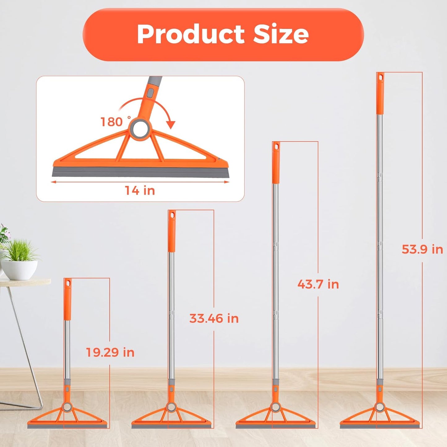 2-in-1 Air Broom, 180° Rotating 54 Inch Adjustable Silicone Rubber Broom Includes 2 Scraping Strips, Sweep and Silicone Tools with Long Handle for Cleaning Bathrooms,Glass,Tiles,Pet Hair