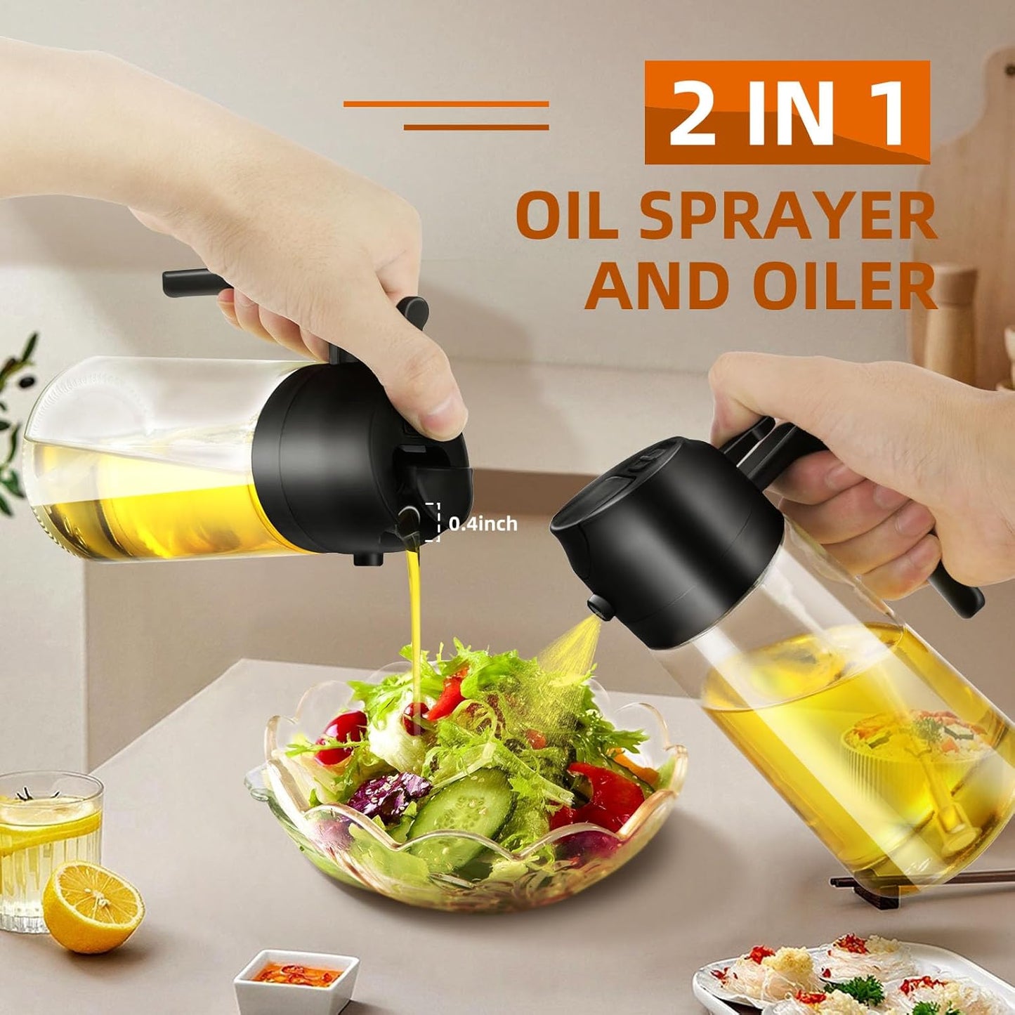 2-in-1 Glass Oil Dispenser & Sprayer - 16oz/470ml Leakproof Bottle for Cooking, Air Fryer, BBQ, Baking, Salad (Transparent Black 1PC)