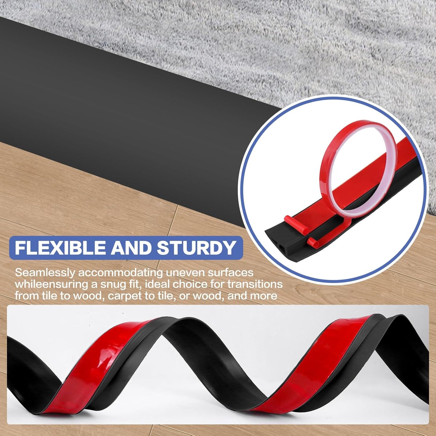 Floor Transition Strip Vinyl Door Threshold Ramp Self Adhesive Carpet Edging Strip Doorway Edge Trim, Overlap Edge Reducer for Laminate Carpet, Floor, Tile (Black, 2/5" to 3/5", 10Ft)