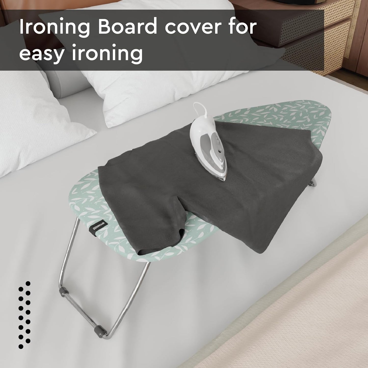 Encasa XO Ironing Board Cover and Pad 28"x12" - Thick 3mm Felt Padding, Drawstring Tightening & Lock, Easy Fit, Scorch & Stain Resistant, Fits Mini Ironing Board - Green Leaflet