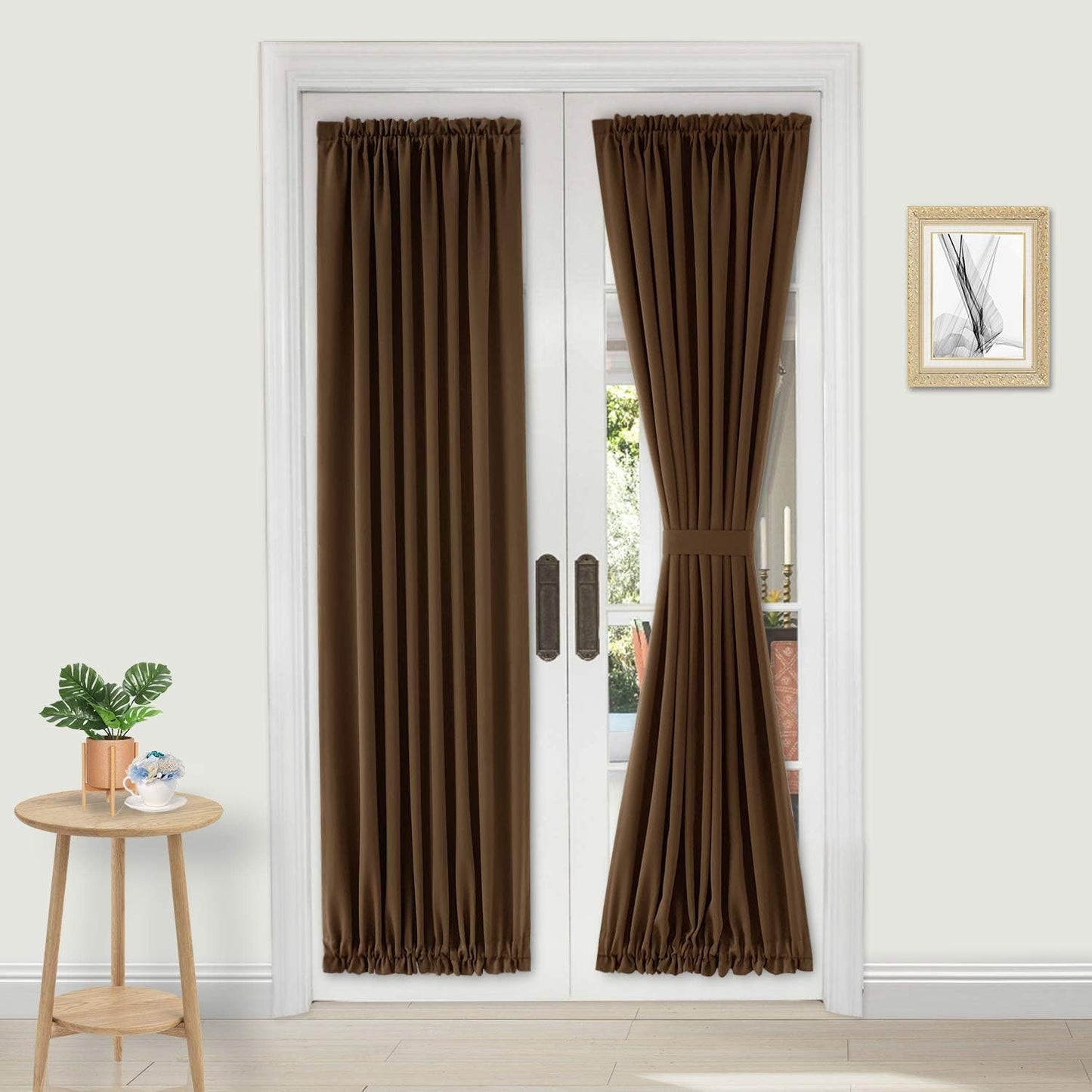 DWCN French Door Curtains – Rod Pocket Thermal Blackout Curtain for Doors with Glass Window, Kitchen and Patio Doors for Privacy, 23 X 72 Inches Long, 1 Curtain Panel with Tieback, Brown