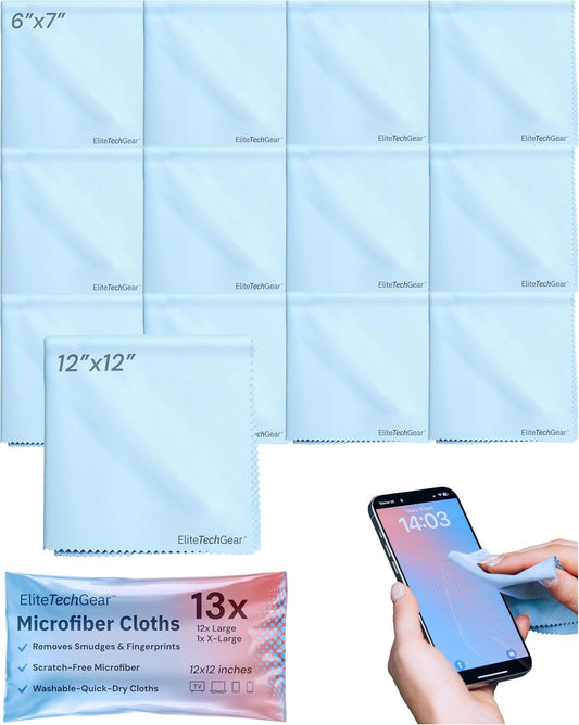 Elite Screens Microfiber Cleaning Cloth Set - 13-Pack, Blue, 6 x 7 in & 12 x 12 in - Smudge-Free Eyeglass Cleaner - Scratch-Free Screen Cleaner - Soft Lens Cleaning Cloth