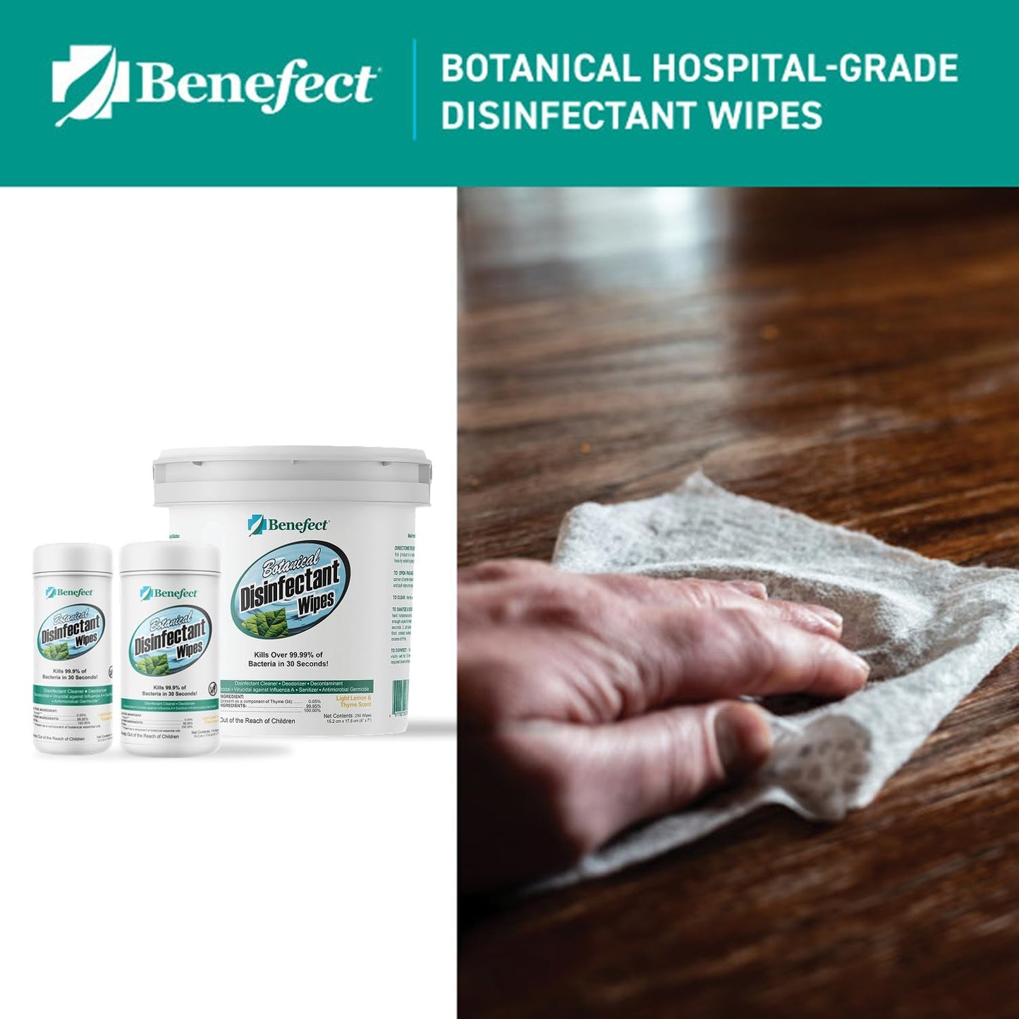 Benefect Botanical Disinfectant Wipes – 750 Sanitizing Wipes. 3 Pack of 250 Wipes Per Unit - High Traffic - Gym Wipes, Schools and Food Safe Cleaning (250, 3)
