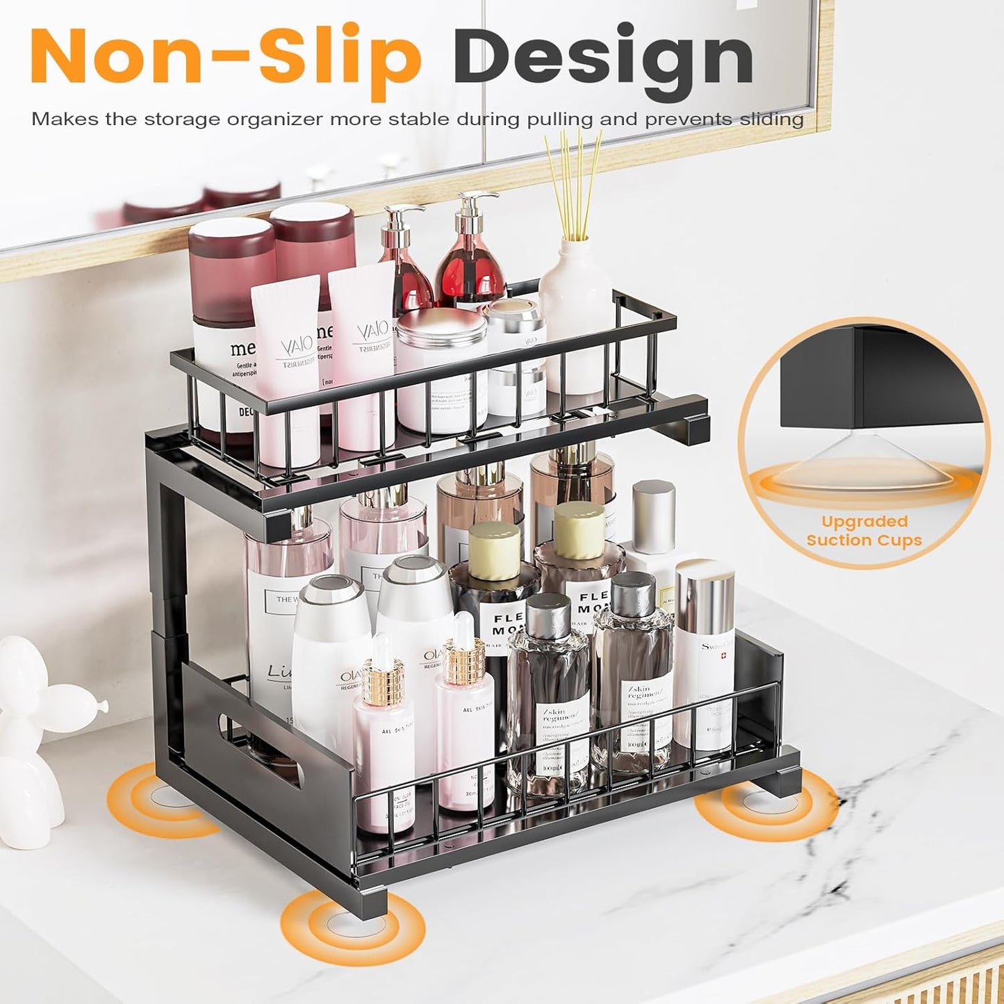 2 Pack Under Sink Organizer, 2-Tier Heavy Duty Metal Pull Out Cabinet Organizer Slide Out Sink Shelf Organizer Height Adustable, Multi-Purpose Storage Shelf for Kitchen Bathroom (Black, 2 Pack)