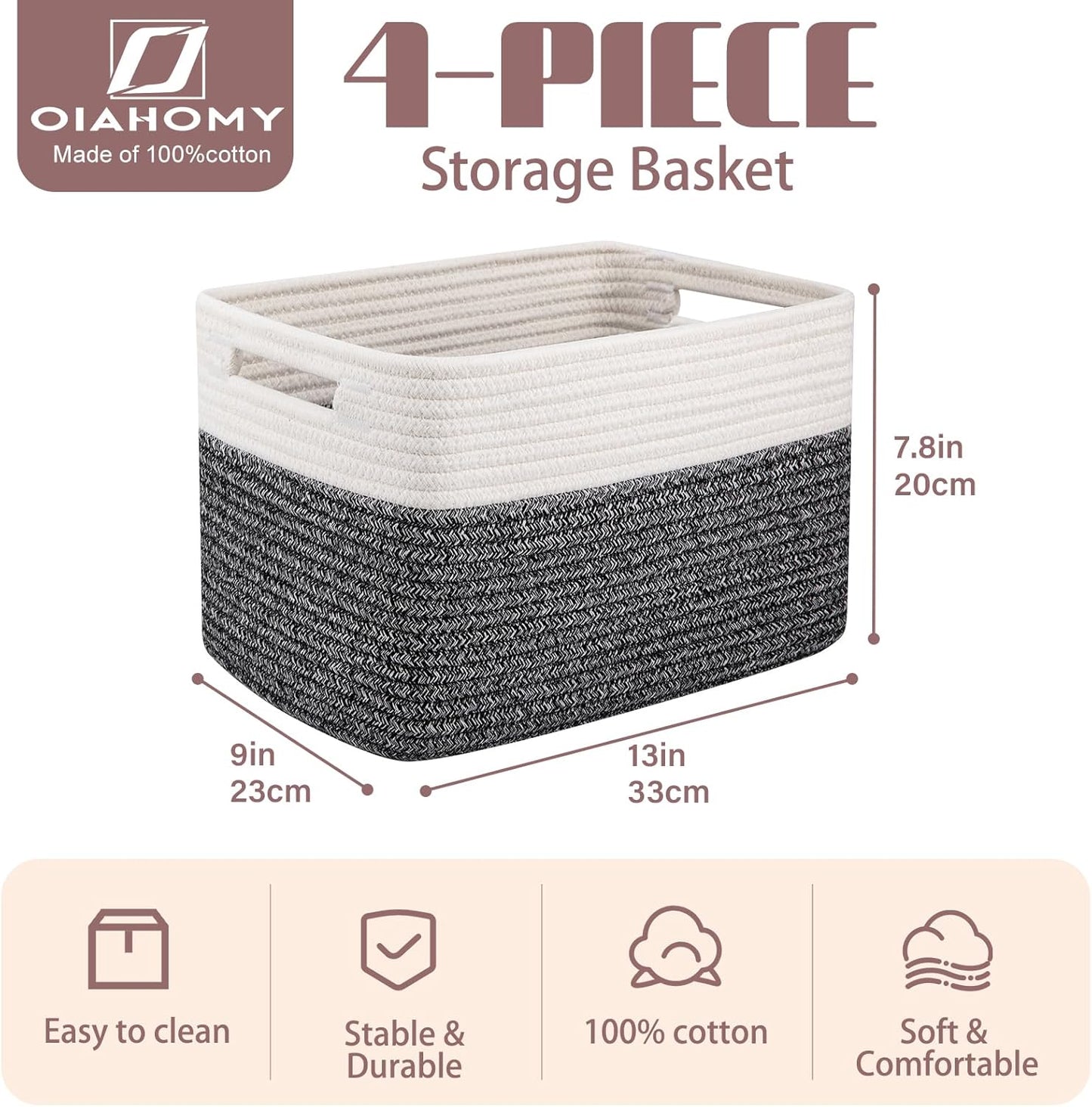 OIAHOMY 4 Pack Storage Baskets for Organizing, Basket for Shelves with Handle, Woven Baskets for Storage Toys, Towels, Books, Cotton Rope Basket 13" L x 9 " W x 7.8 " H, Black & White