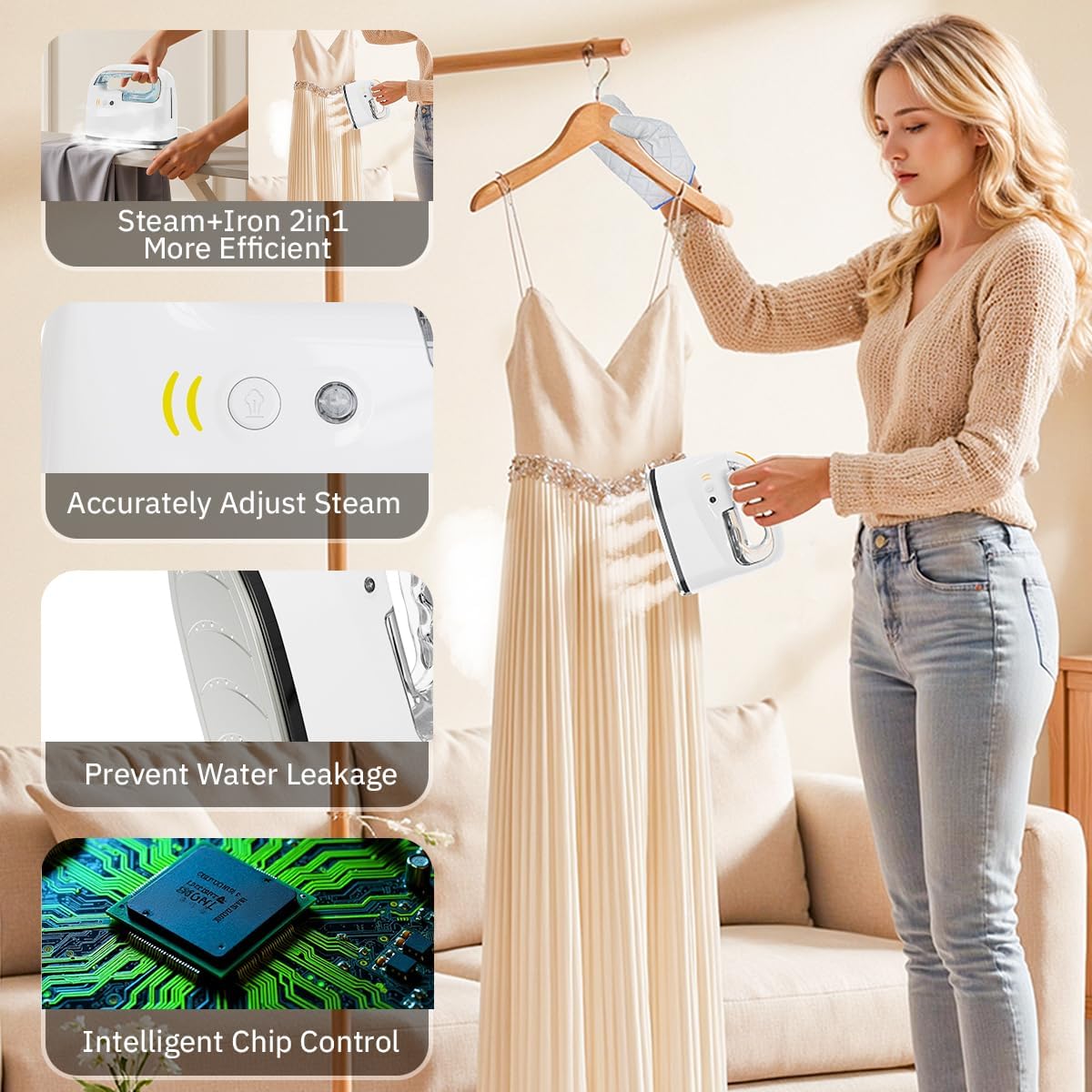 Mini Steamer＆Iron 2 in 1 Garment Steamer, Portable Travel Size Steam Iron for Clothes,1000W, 3 Mode Ironing, 250ML Detachable Water Tank, 8FT Power Cord, Leak Proof Design