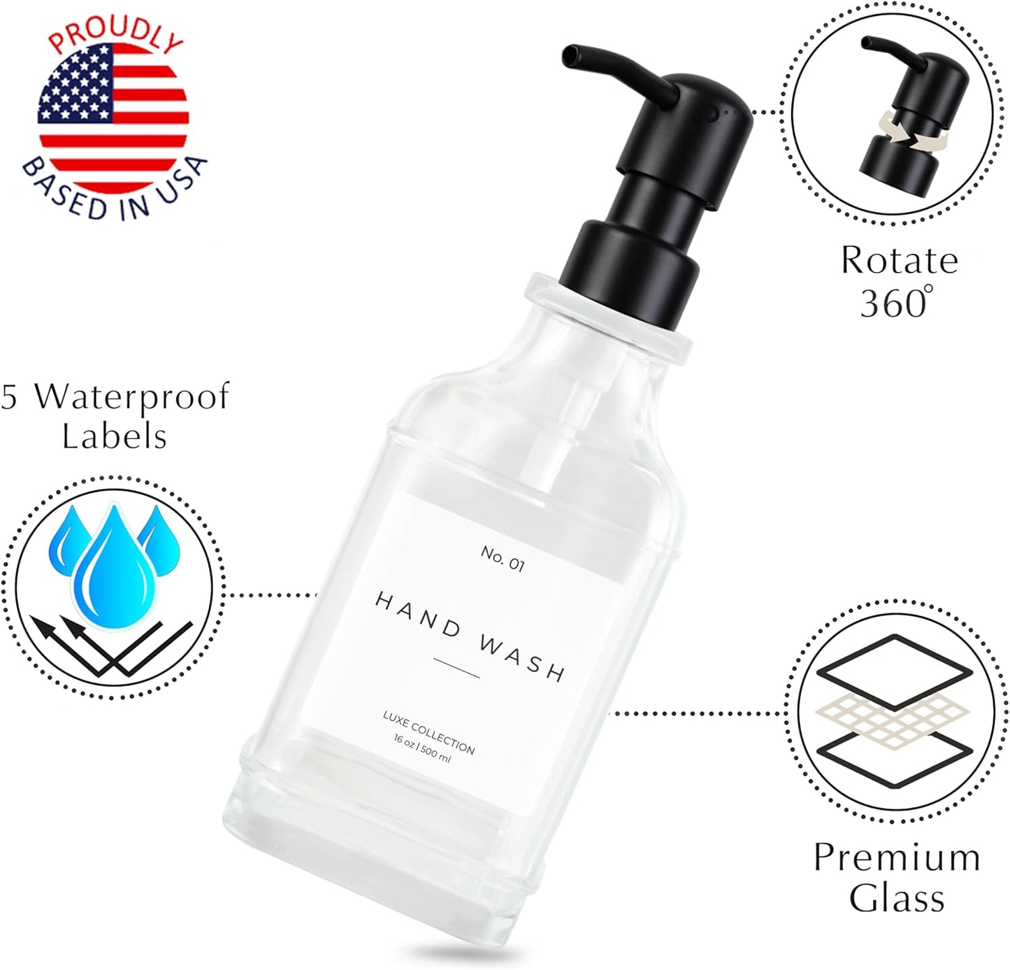 Emerson Essentials Glass Soap Dispenser Set – 16 oz 2-Pack – Refillable Dish & Hand Soap Dispensers for Kitchen or Bathroom – Stainless Steel Pump & 5 Waterproof Labels