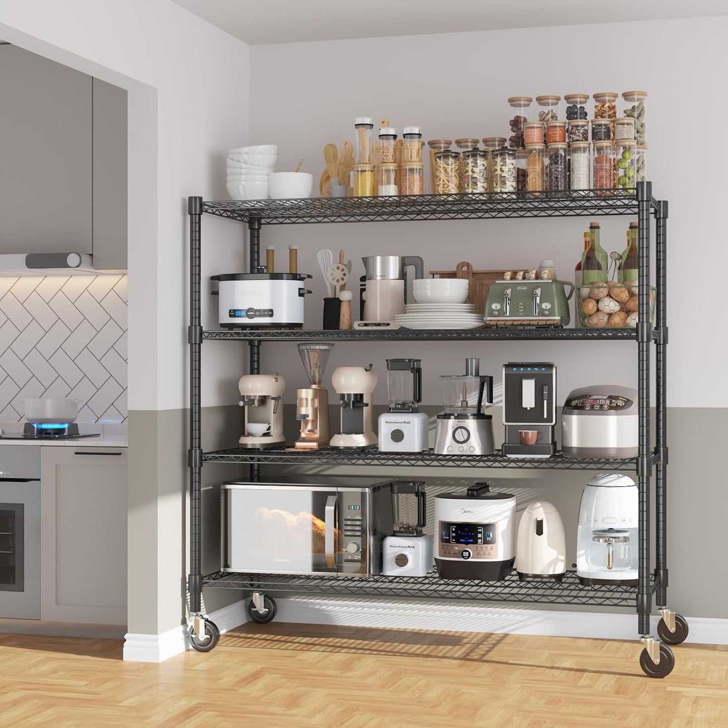 Himimi 72" H Storage Shelves 4 Tier Metal Shelving Adjustable Wire Shelf with Wheels, Heavy Duty Shelving for Garage Kitchen Pantry Bathroom Laundry 18" D*48" W*72" H, Black