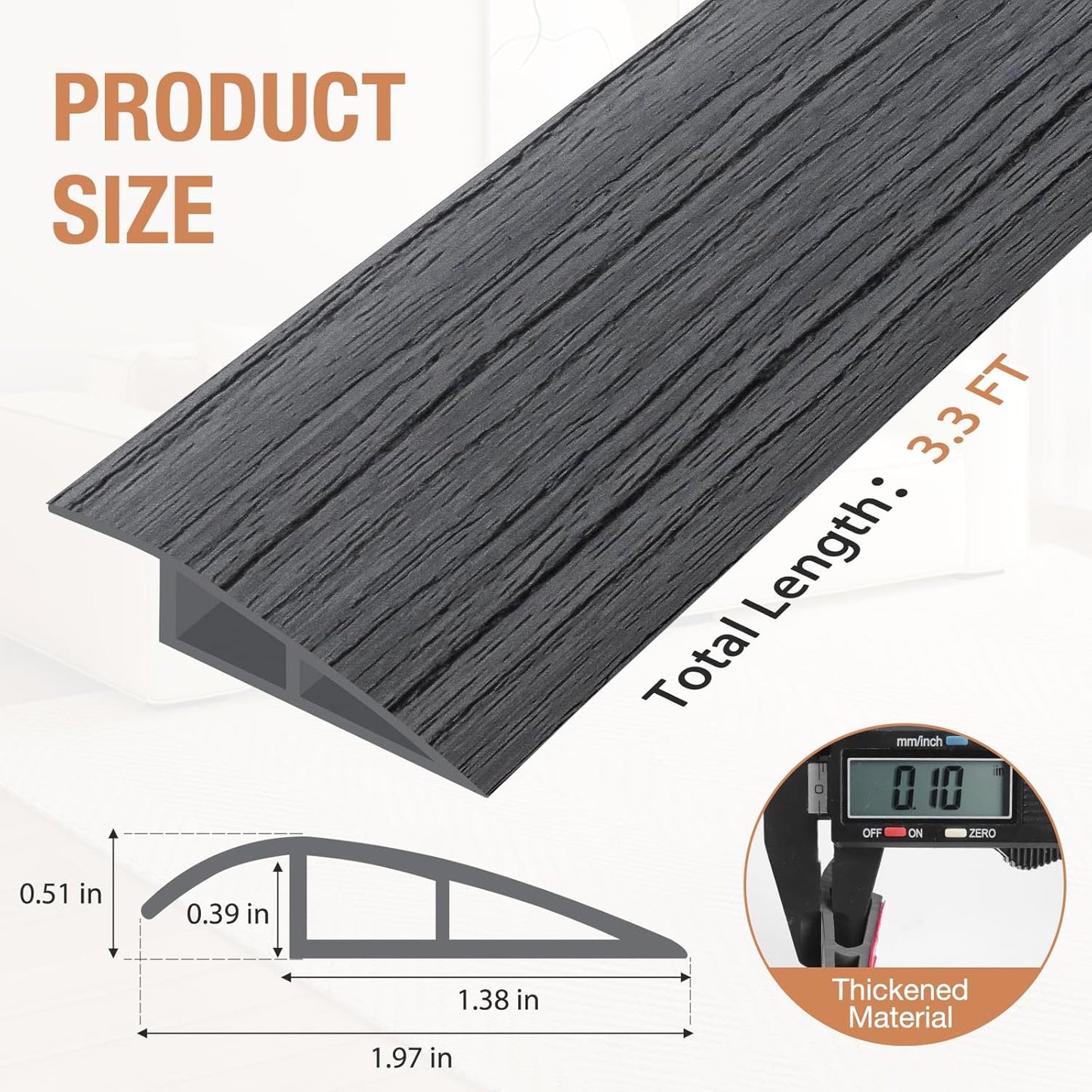 Floor Transition Strip Self Adhesive Vinyl Door Threshold for Doorways Carpet Edging Trim Overlap Edge Reducer for Laminate Floor, Carpet, Tile (Deep Gray Wood Grain, 1/5" to 2/5", 3.3Ft)