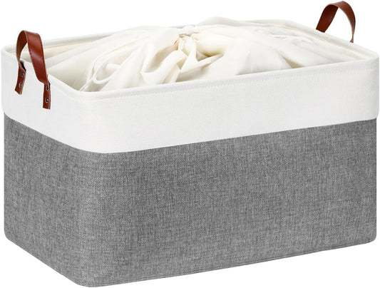 DULLEMELO Extra Large Storage Basket for Organizing, 70L Oversized Storage Bin Foldable Canvas Fabric Blanket Basket, 22" x 15" x 13" Large Kids Toy Basket Organizer with Handles (White&Grey)