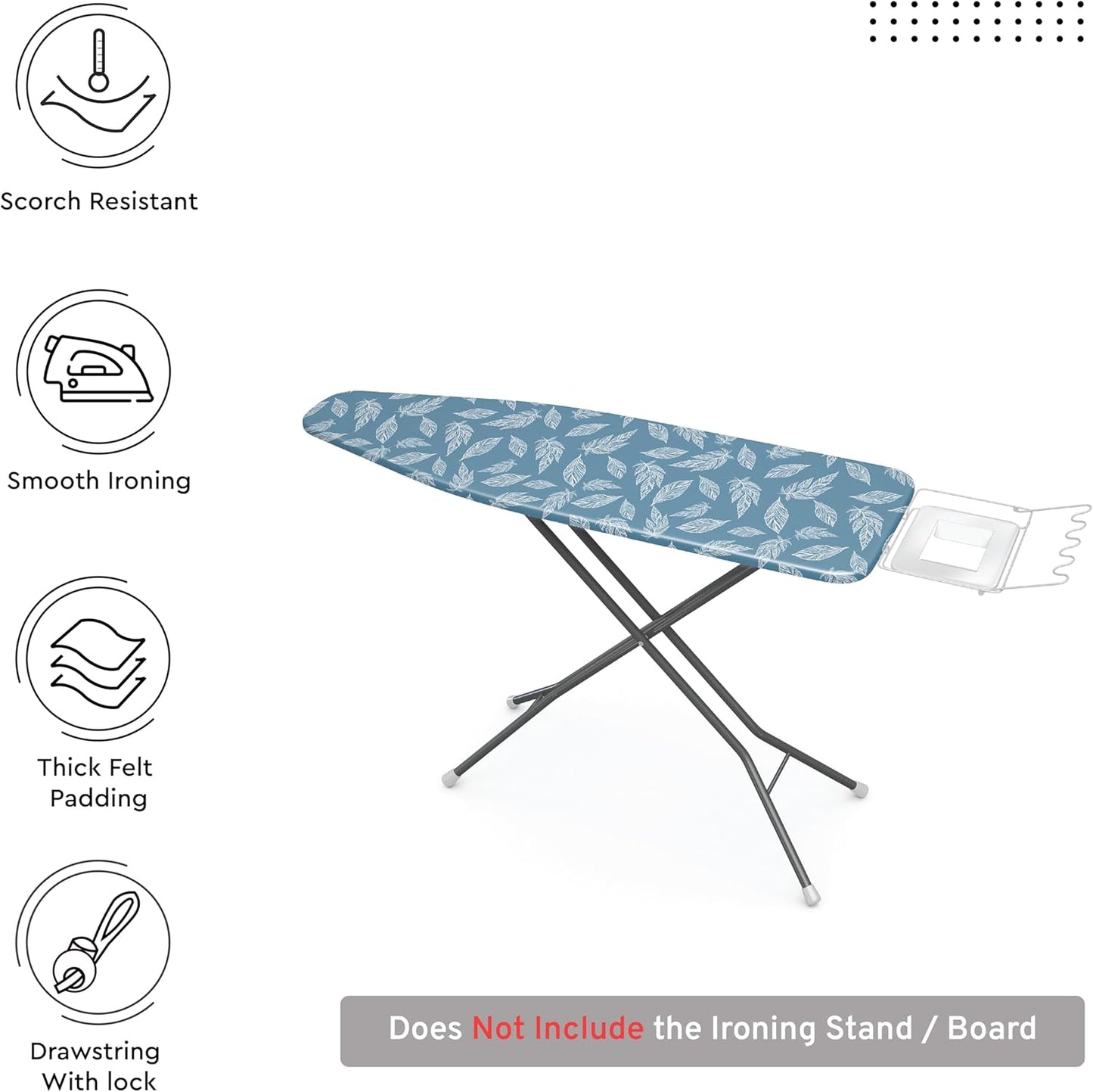 Encasa XO Ironing Board Cover and Pad 54"x15" - Thick 3mm Felt Padding, Drawstring Tightening & Lock, Easy Fit, Scorch & Stain Resistant, Fits Standard Large Ironing Board - Big Leaves Blue