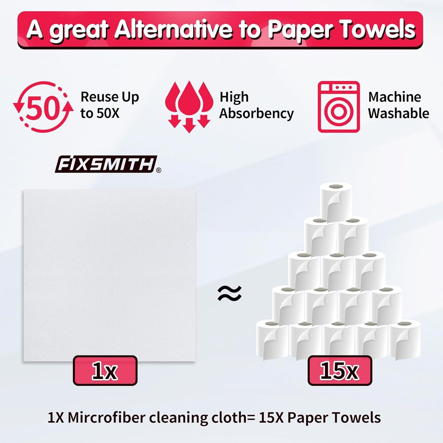 FIXSMITH White Microfiber Cleaning Cloth, Pack of 100, 11.5"X11.5" Cleaning Rags for Housekeeping and Kitchen, Reusable Shop Towels, Microfiber Towels for Cars, Lint Free, Scratch-Free