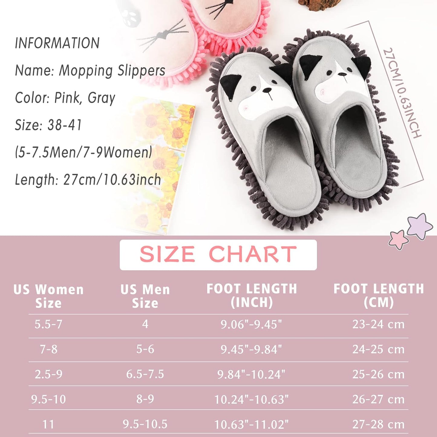 Cartoon Dog Mop Slippers Microfiber Clean Dusting Slippers Detachable Mopping Shoes for Office Home Room (Gray)