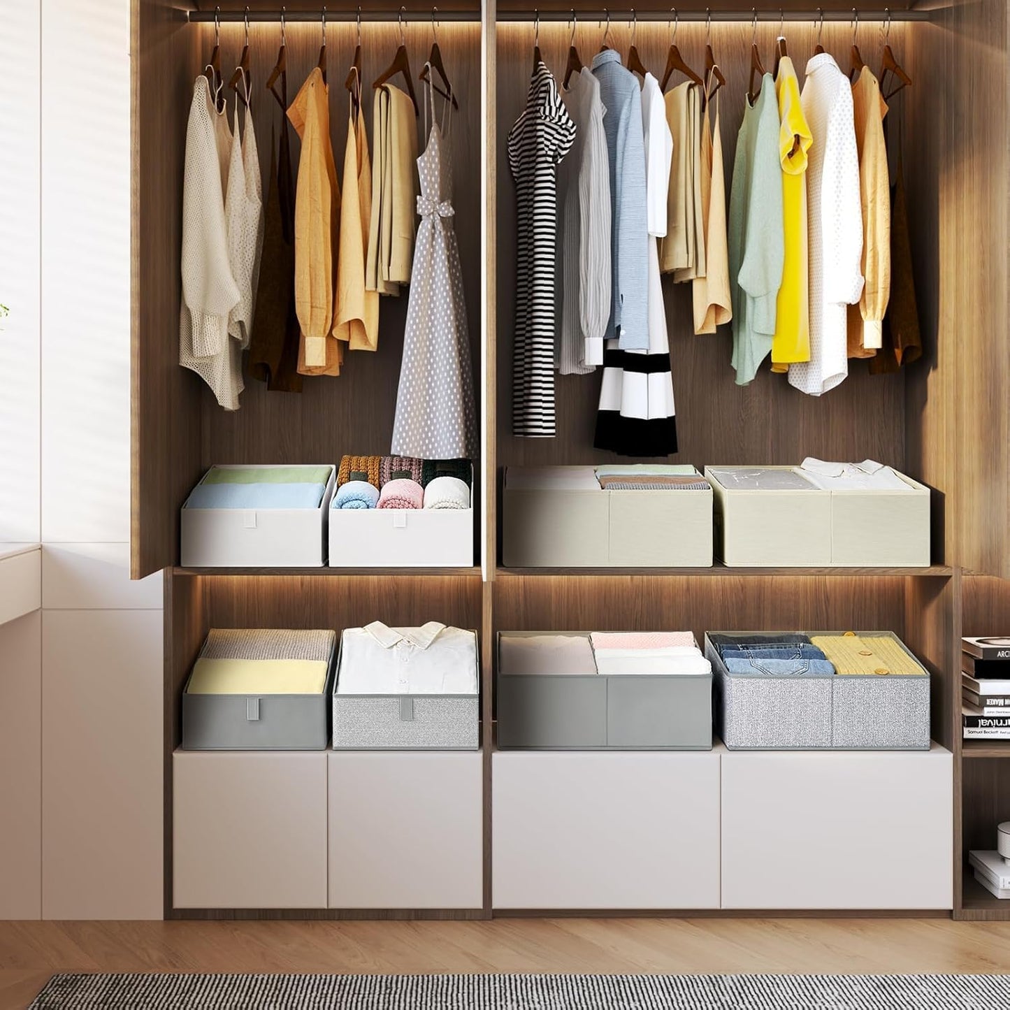 DIMJ Closet Storage Bins 8 Pack - Fabric Trapezoid Closet Organizer Bin, Foldable Storage Baskets for Shelves, Shelf Organizer, Clothing Storage Box for Toys, Books, Towel, Clothes