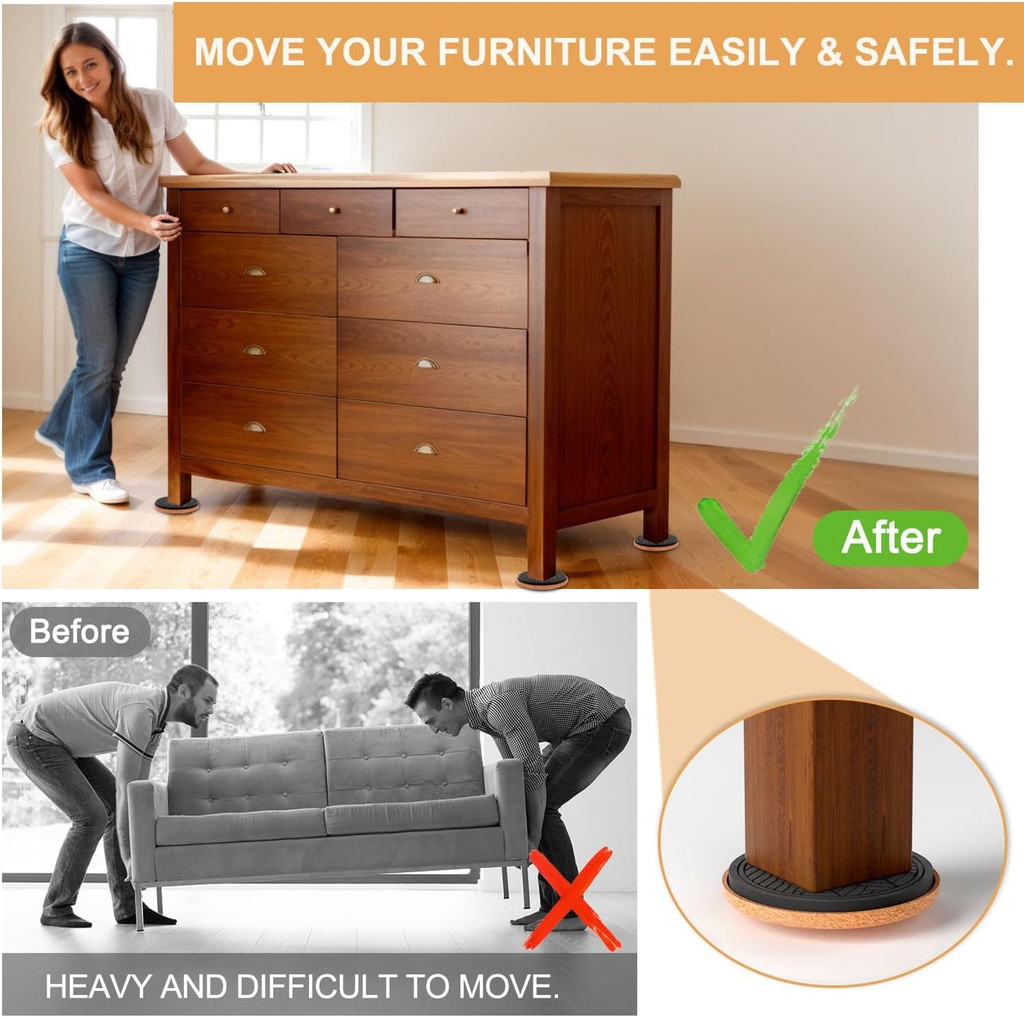 Felt Furniture Sliders for Hardwood Floors, PISAO 16 PCS 3 ½” Heavy Duty Furniture Movers - Unique Non-Scratch Design, Thick Felt Pads for Hard Surfaces, Move Large Furniture Easily