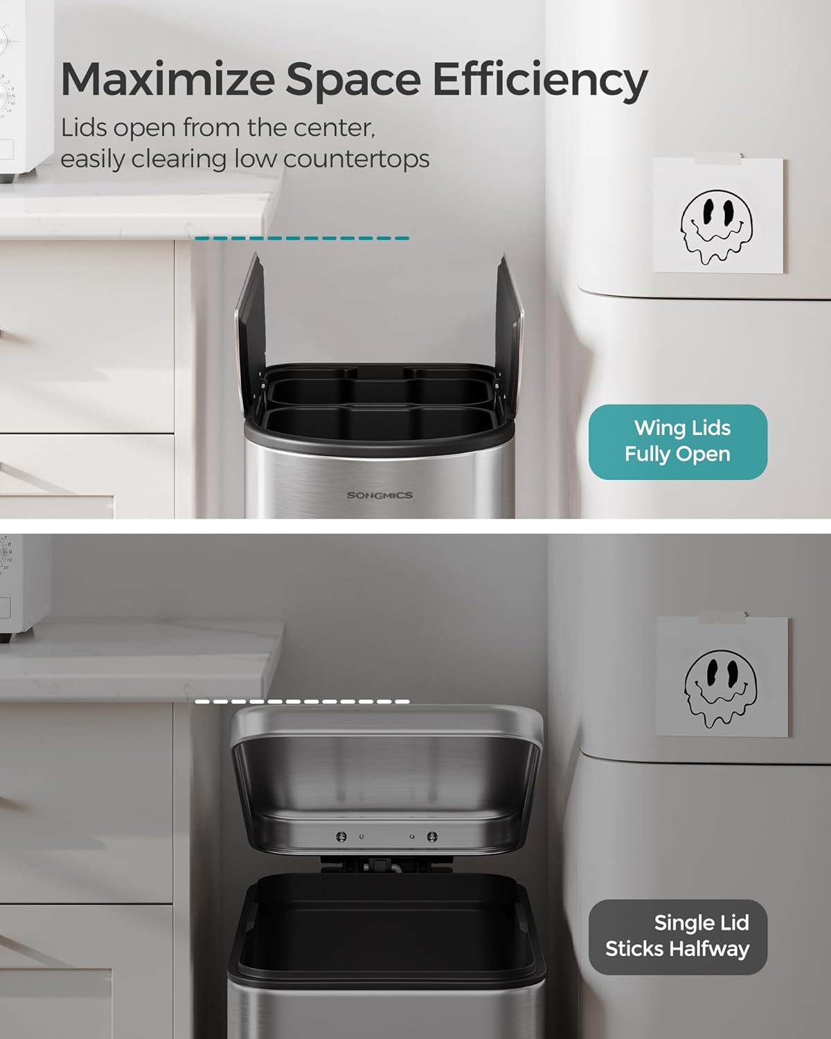 SONGMICS 13-Gallon Dual Kitchen Trash Can, 5.3 and 8 Gallon Compartments, Garbage Can with Wing Lids, Stainless Steel, Soft Close, Inner Buckets, Metallic Silver ULTB570E50