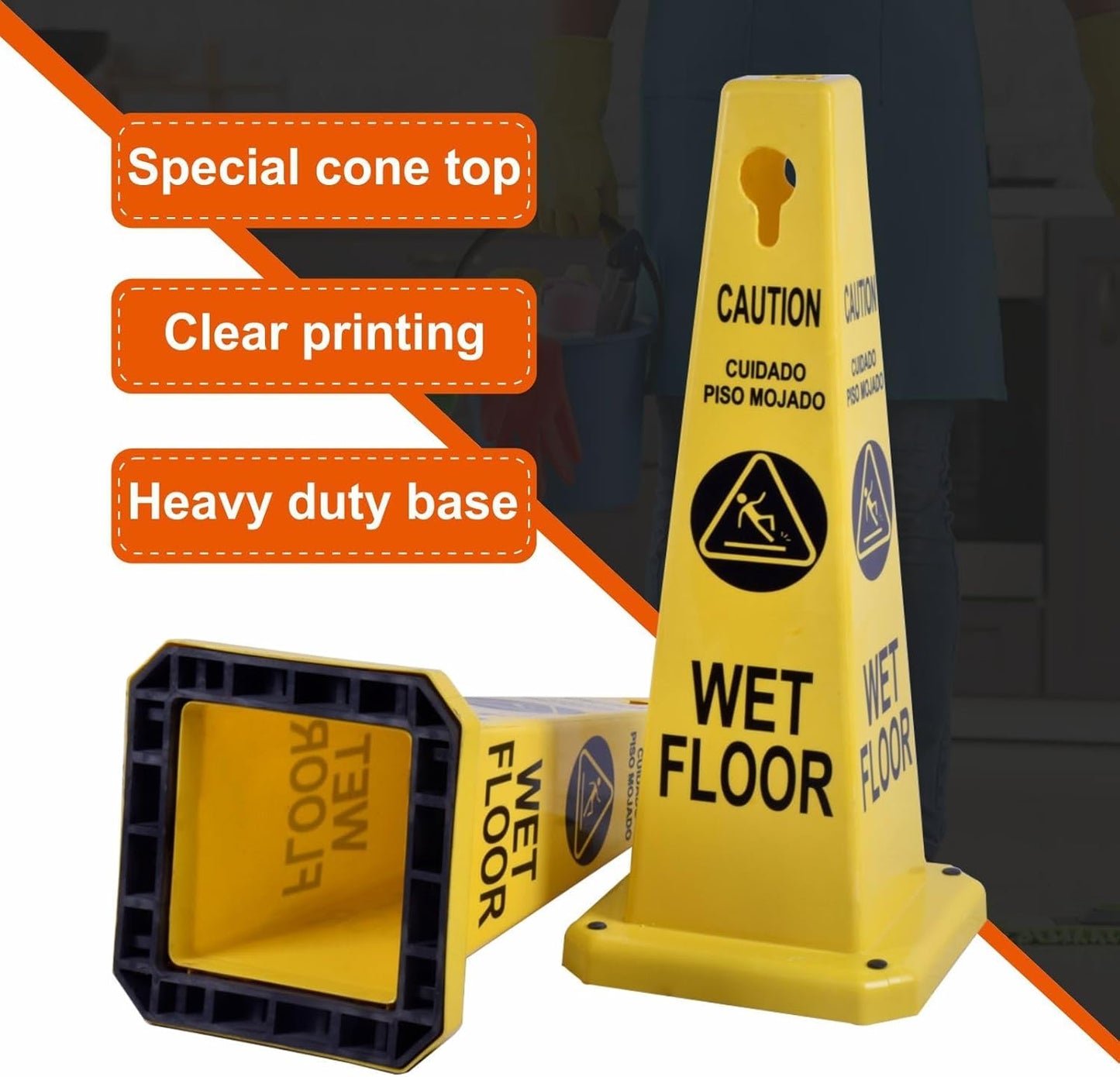 8-Pack 26.5" Caution Cones, 4-Sided Visible Safety Signs with Heavy Rubber Base, Warning for Slip & Fall Prevention, Indoor/Outdoor Use (Yellow, 8Pcs-Caution Wet Floor)