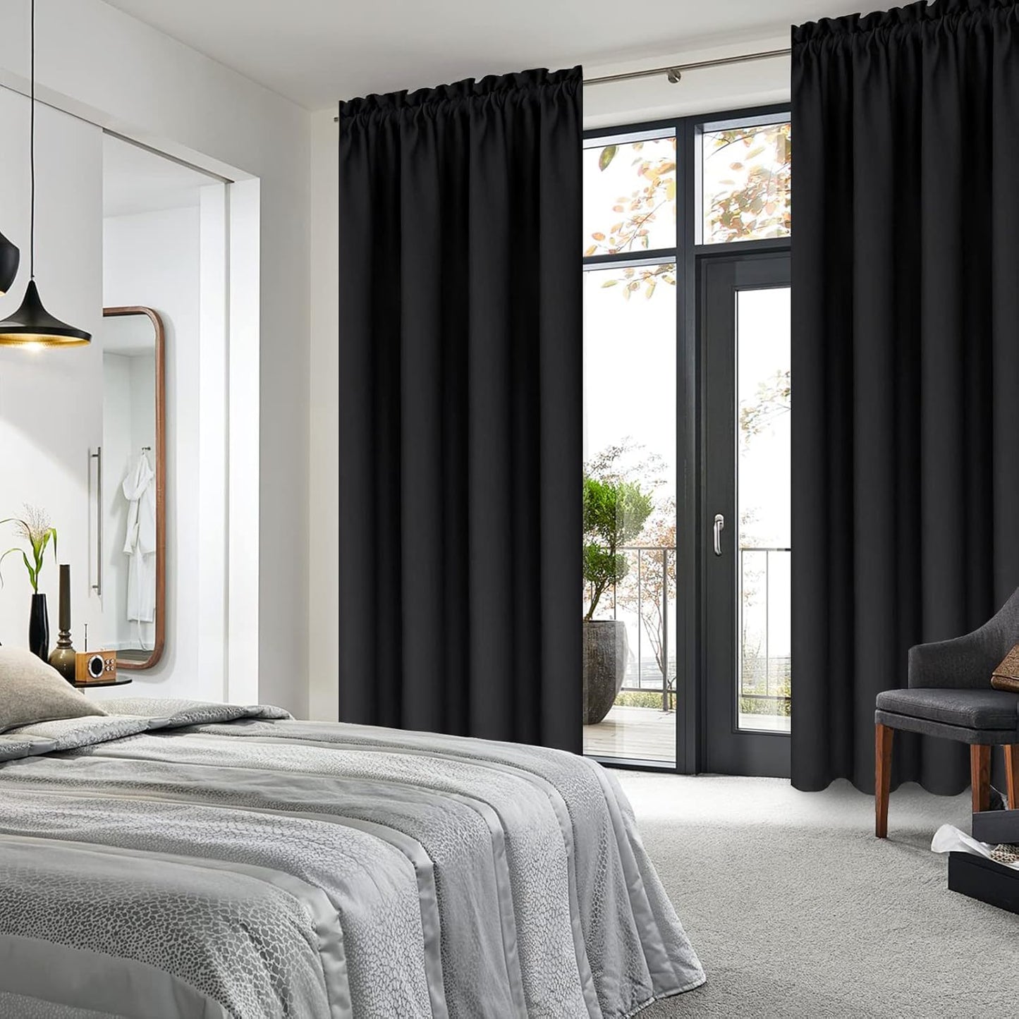 DWCN Black Blackout Curtains for Bedroom – Rod Pocket Thermal Insulated Energy Saving Drapes for Living Room and Bedroom, W 38 x L 54 Inch, 2 Panels