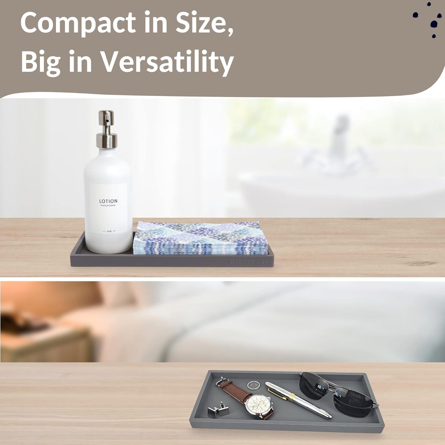 Countertop and Vanity Tray - 11.7" Silicone Bathroom Tray Countertop, Dish Soap Trays for Kitchen Counter, Sink Organizer Caddy Accessories, Toilet Plant Shower Makeup Mat Oil Holder