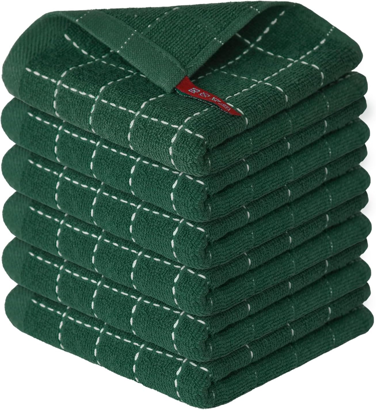 Artoid Mode Checkered Designed Cotton Green Terry Kitchen Dish Cloths, 12x12 Inch Soft Absorbent Quick Drying Cleaning Kitchen Rags Set of 6