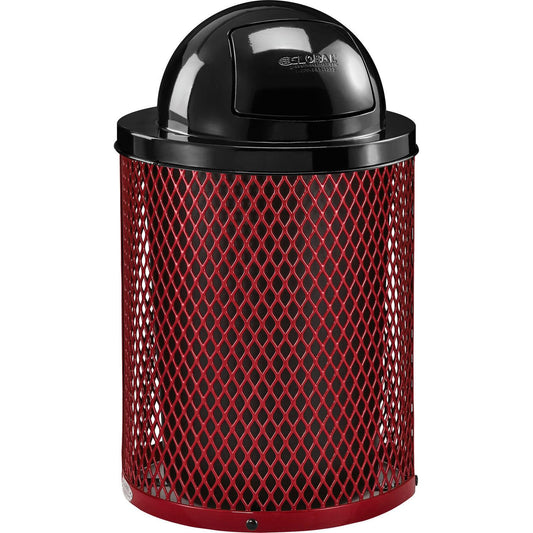 Global Industrial 36 Gallon Outdoor Steel Trash Can with Dome Lid and Raised Base, Plastic Liner and Anchor Kit Included, 23-1/2" Diameter x 43" H, Powder Coat Finish, Unassembled, Red
