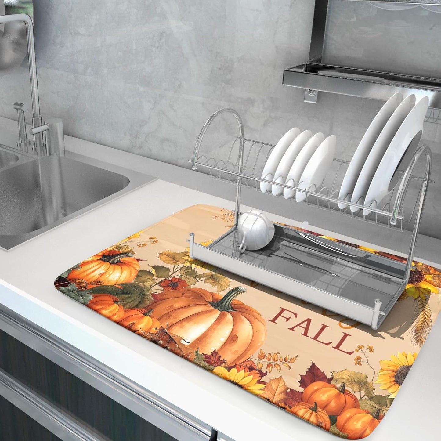 Faith FamilyFall Dish Drying Mat 16X18 Inch Thanksgiving Mats for Kitchen Counter Thanksgiving Autumn Harvest Pumpkin Dish Drying Mat Microfiber Dish Drying Pad Dish Rack Drainer Mat for Coffee Bar