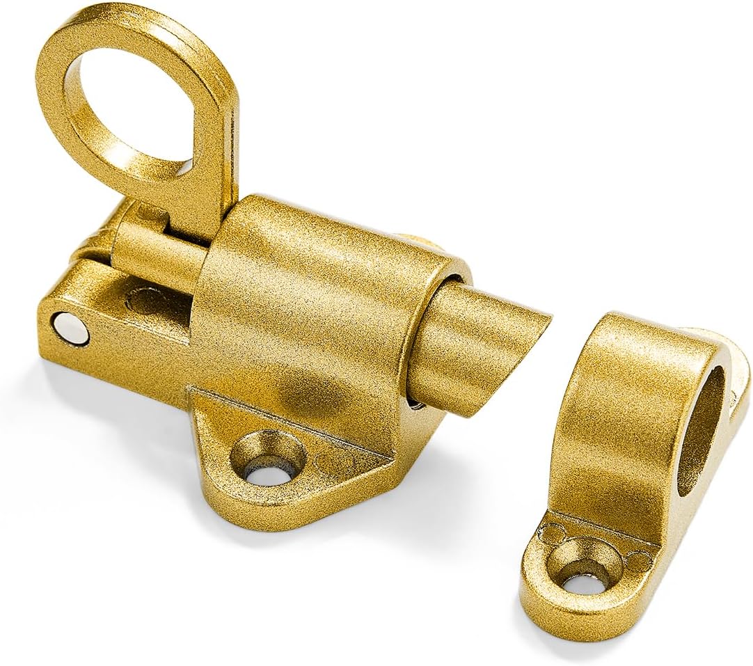 2 Packs Self-Closing Latches，Gold Spring Door Lock，Resilient Bolt Latch Aluminum Alloy Safety Automatic Spring Barrel Slide Door Lock with Screws,Used for Gate,Window and Cabinet etc