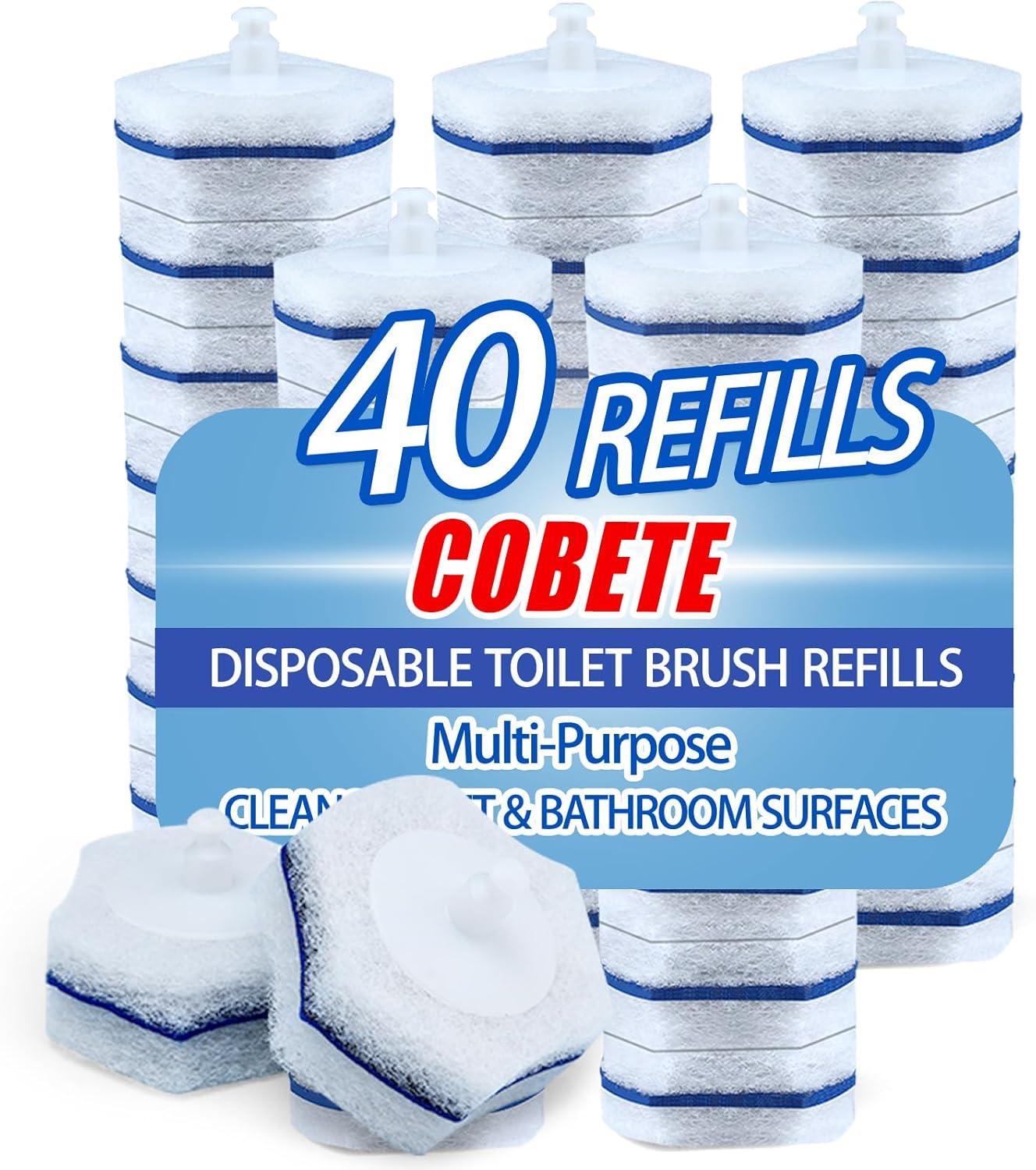 COBETE Disposable Toilet Brush Wand Refills,Disposable Toilet Refill Bowl Cleaners Brush Scrubber for Bathroom Cleaning,40 Count